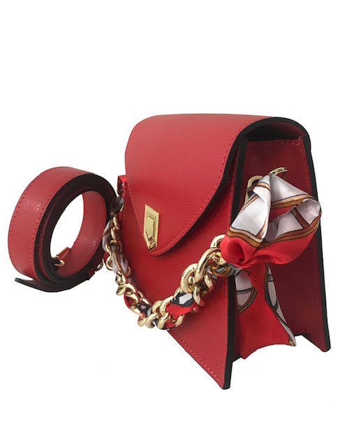 Red - Chain Handle Mini Handbag - Removable scarf