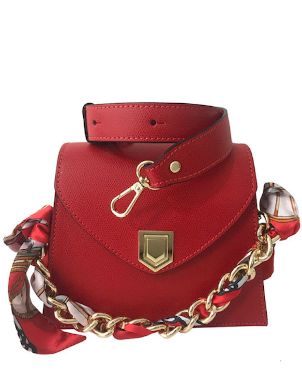 Red - Chain Handle Mini Handbag - Removable scarf